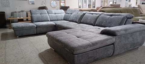 U-Shape Sectional "Andy" in Grey Fabric + Bed Function/Ottoman